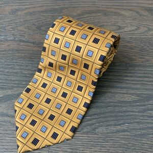 100% Silk Tie Gold, Blue and Black Print